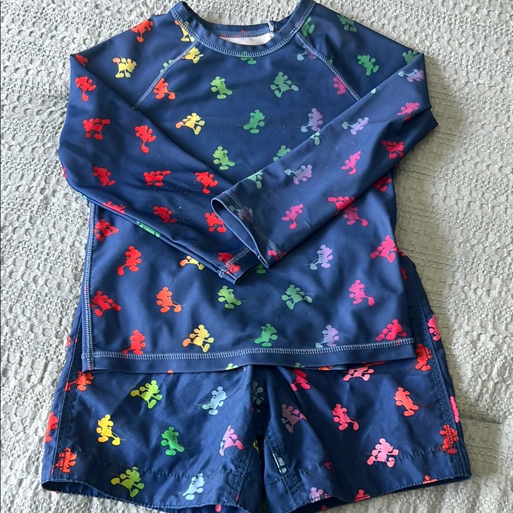 Baby GAP Navy Blue Rash Guard and swim trunks with Rainbow Mickey Silhouettes